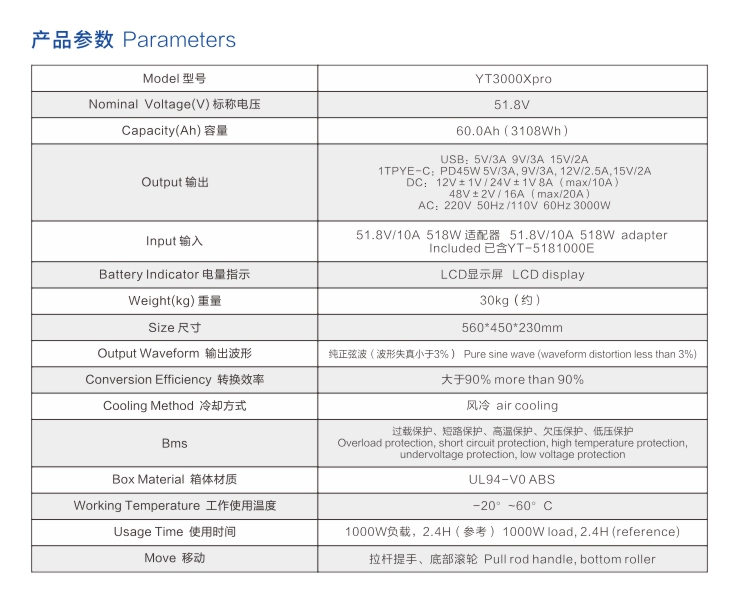 香蕉视频污版拉箱式户外电源YT3000Xpro参数